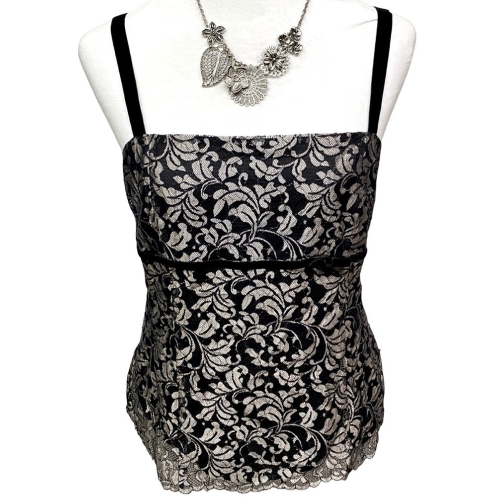 Loft Lace Black Silver Velvet Straps Blouse